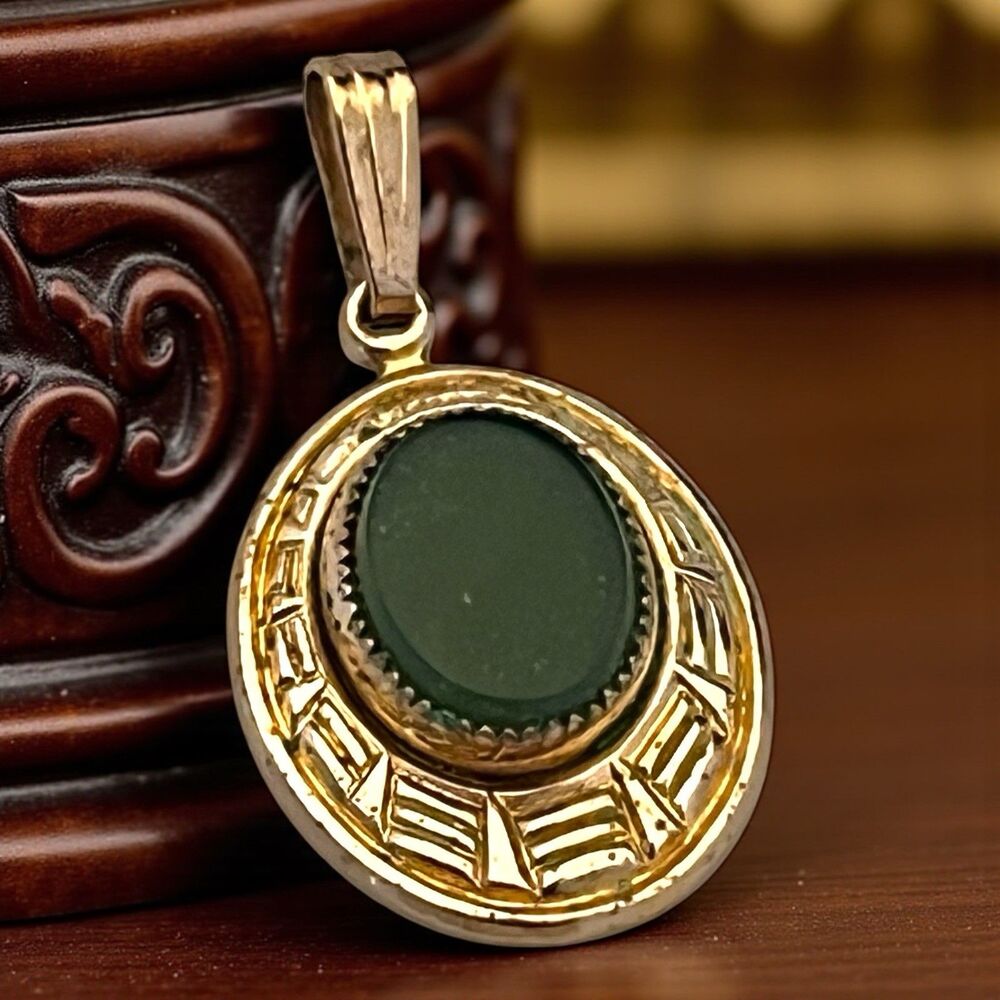 Vintage 1950s Green Cabochon Pendant Gold Filled Geometric Mid Century - 7S